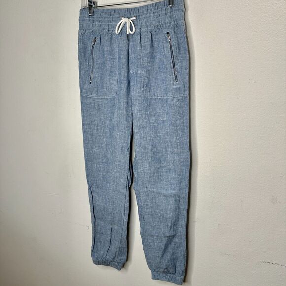 Athleta Chambray Blue Cabo Casual Linen Jogger Pant Tie Waist Front Zip 4 - Picture 5 of 16
